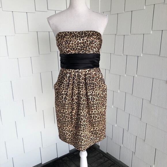 Jump Apparel Women's Brown/Black Leopard Print Strapless Dress with Pockets sz 4 - Picture 1 of 4